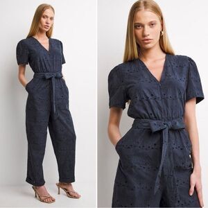 NEW WHISTLES eyelet navy blue tie waist vneck short sleeve jumpsuit 4 SMALL NWT